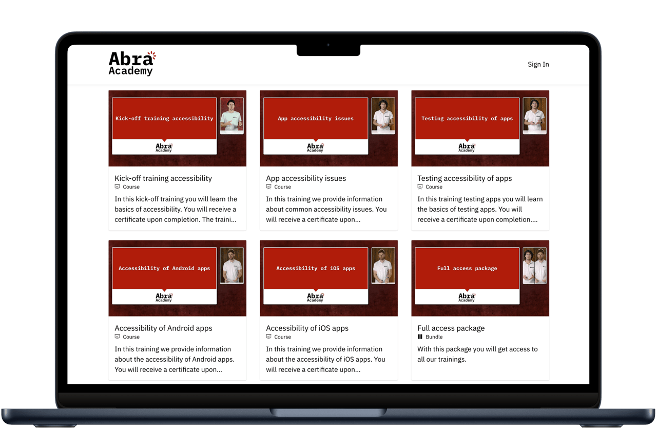 Screenshot van de Abra Academy, er worden 5 courses en 1 bundle getoond