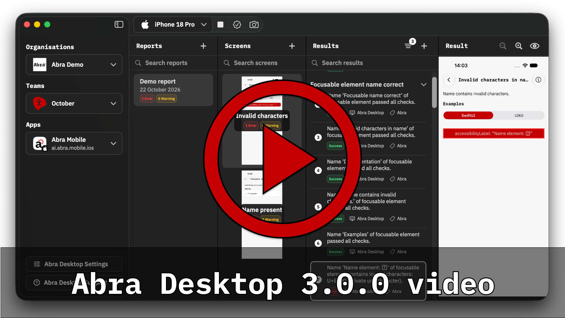 Thumbnail for Abra Desktop 3.0.0 video, it displays a play button on top of a screenshot of the Abra Desktop user interface