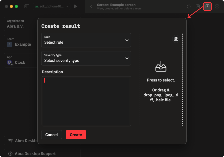 Screenshot of Abra Desktop showing how to add a result manually