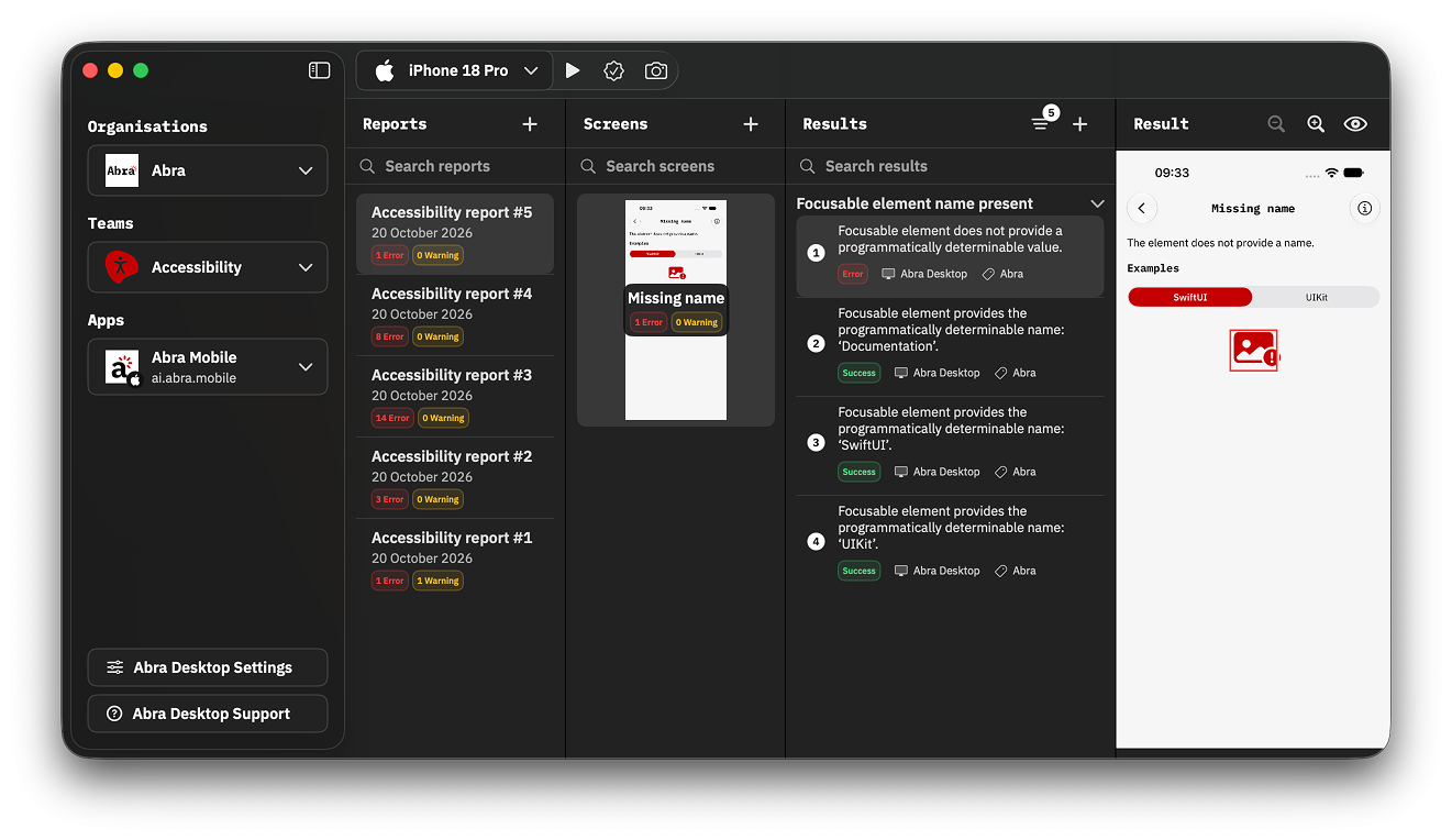 Screenshot of Abra Desktop 3.0.0. The sidebar on the left contains dropdowns for organisations, teams and apps. Adjacent are columns with reports, screens and results. The device dropdown and action buttons are placed in the menu bar at the top.