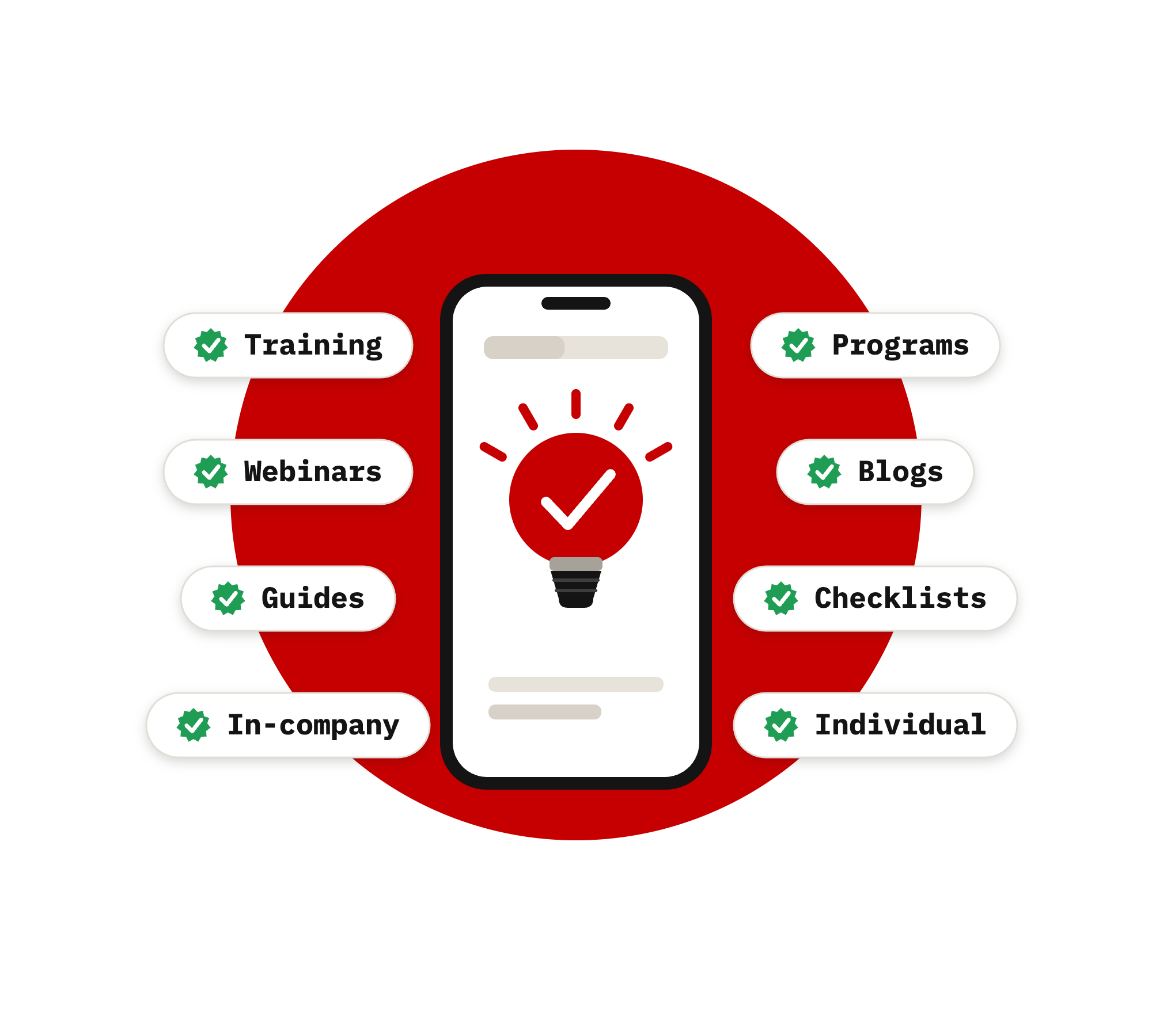 Illustration of a smartphone with a glowing lightbulb and checkmark in the centre, representing learning about mobile accessibility. Around the phone are learning resources including Training, Webinars, Guides, In-company, Programs, Blogs, Checklists, and Individual learning.