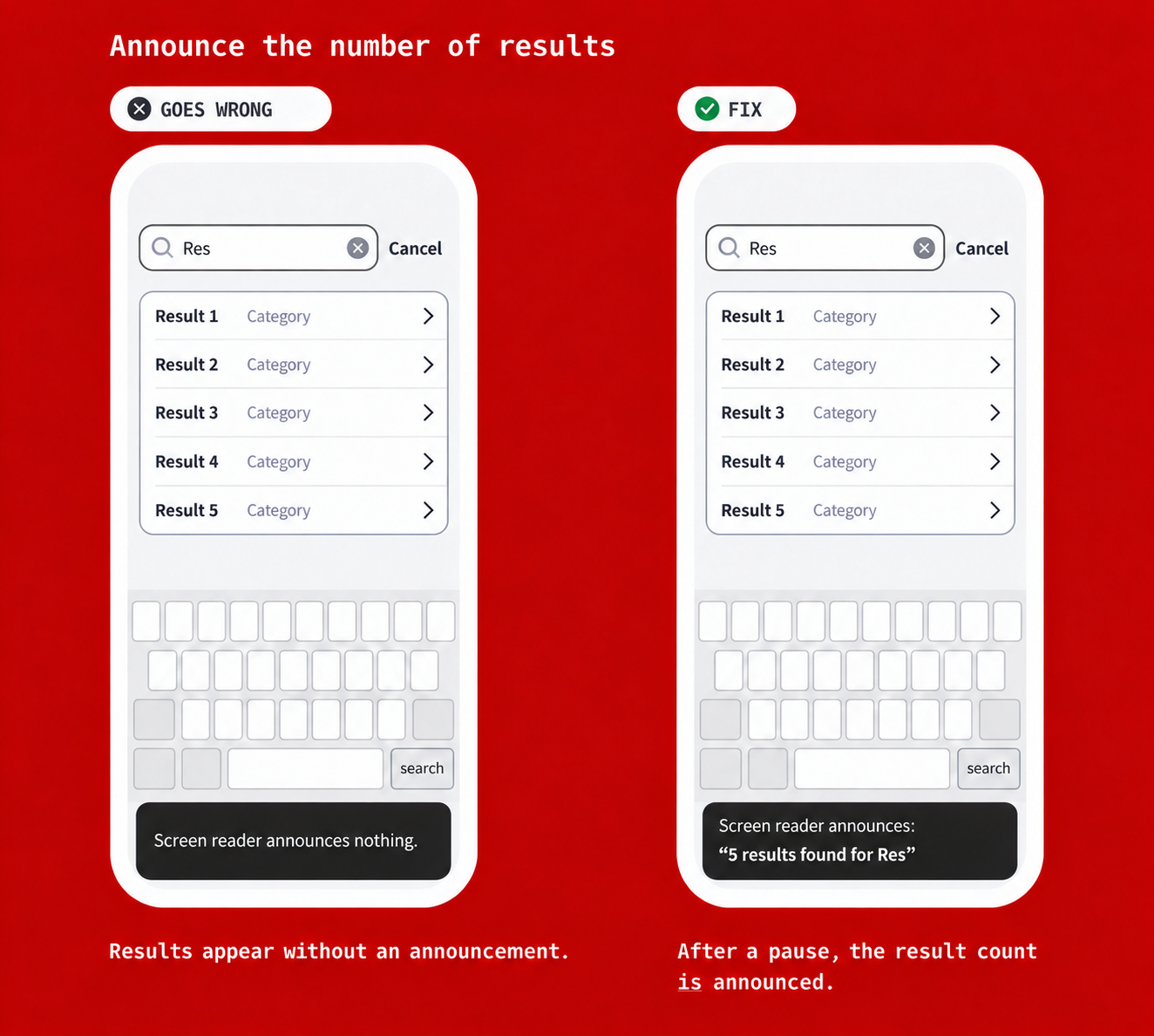 Announce the number of results: Both screens show five results for &ldquo;Res&rdquo;. In the incorrect example, the screen reader stays silent. In the corrected example, it announces &ldquo;5 results found for Res&rdquo; after a pause.