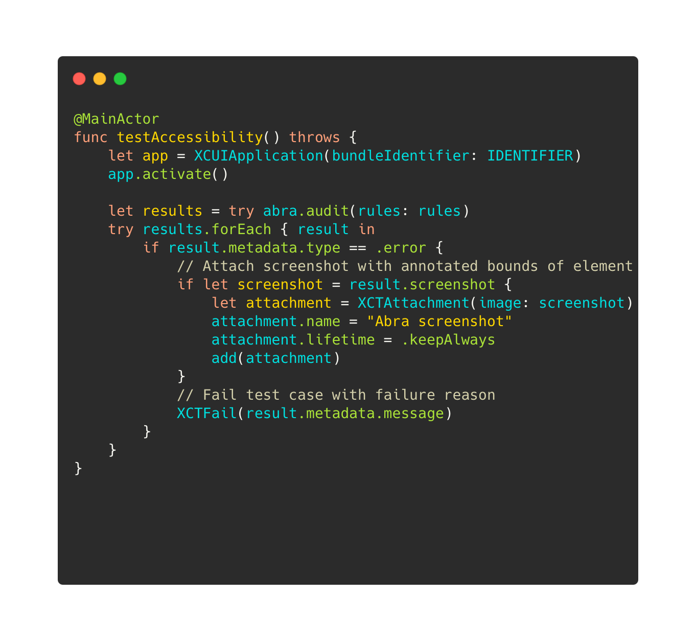 Swift code demonstrating how to run a full accessibility audit in one function using the Abra SDK, integrated directly into XCTest.