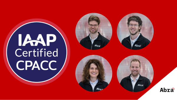 Red background with a circular &ldquo;IAAP Certified CPACC&rdquo; badge on the left. On the right are four circular headshots of Abra team members wearing black jackets (top left: Jan Jaap de Groot, top right: Paul van Workum, bottom left: Tanya van Workum, bottom right: Mike Slinkman). The Abra logo appears in the bottom right corner.