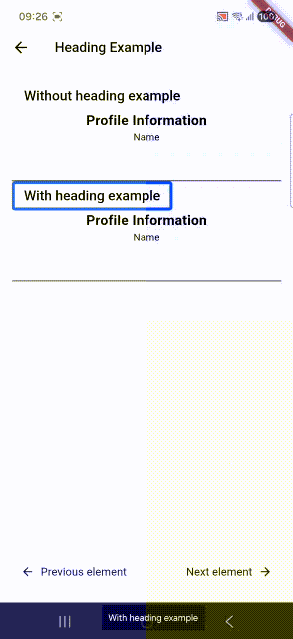 Animation showing TalkBack announcement for Profile Information, heading information is not announced