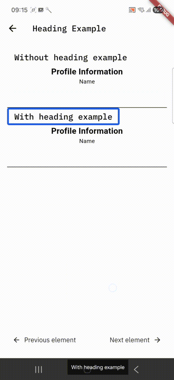 Animation showing TalkBack announcement for Profile Information, heading information is announced