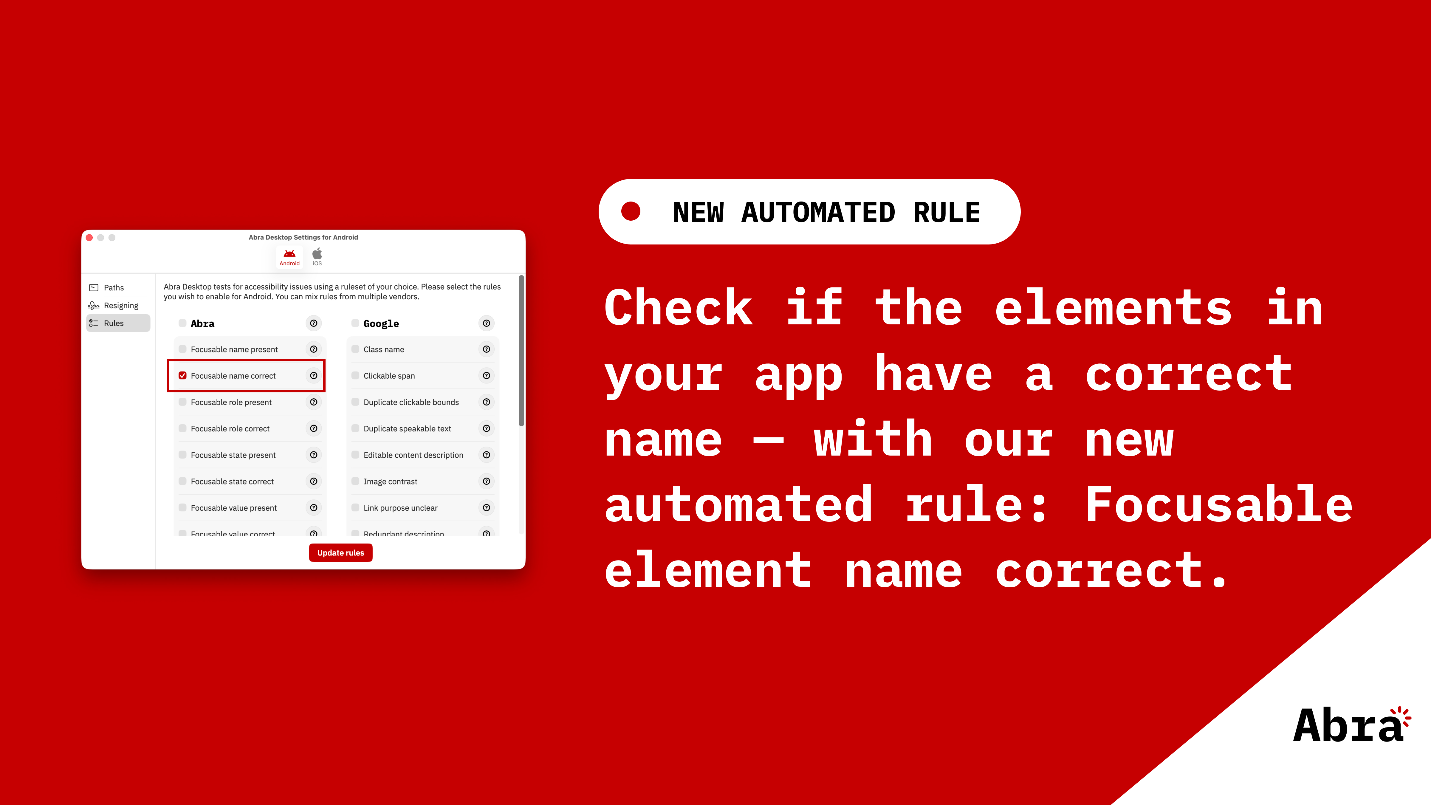 Abra Desktop settings screen showing a list of automated accessibility rules, with "Focusable name correct" highlighted. Text reads: "New automated rule. Check if the elements in your app have a correct name — with our new automated rule: Focusable element name correct."