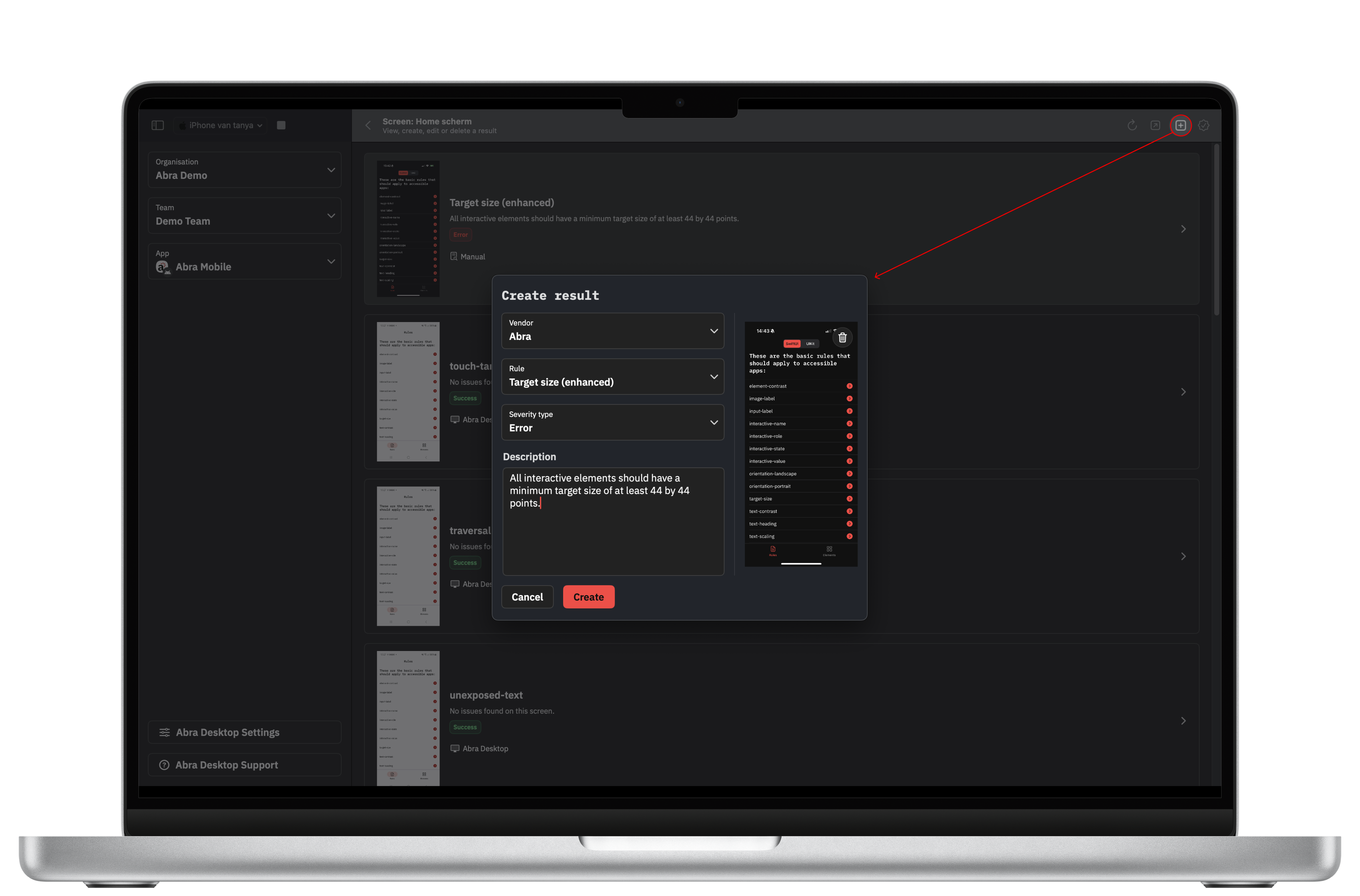 Abra Desktop, een handmatig resultaat toevoegen voor &ldquo;Target Size (enhanced)&rdquo;.