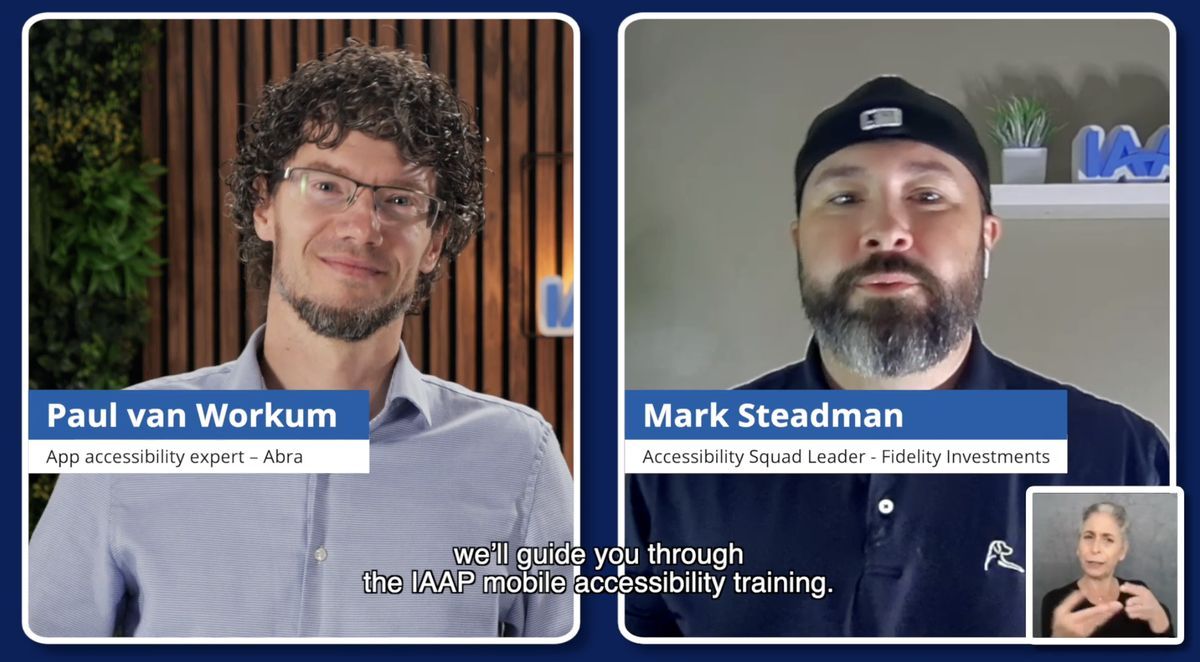 The course on the IAAP learning platform: the course introduction video with Mark and Paul and an ASL interpreter, and the section menu with a knowledge check after every section