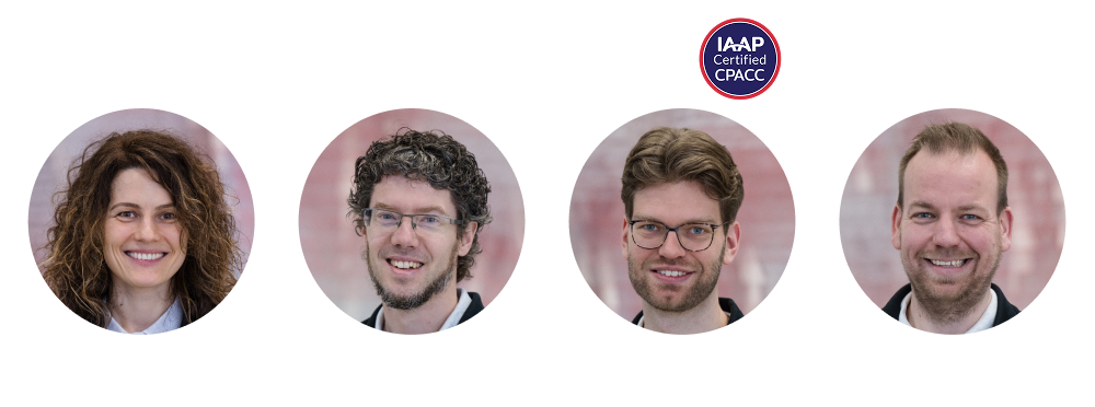Portrait photos of Abra's four trainers: Tanya van Workum, Paul van Workum, Jan Jaap de Groot and Mike Slinkman, with an IAAP Certified CPACC badge in the center.