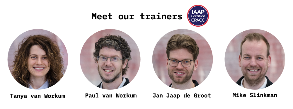 Portrait photos of Abra's four trainers: Tanya van Workum, Paul van Workum, Jan Jaap de Groot and Mike Slinkman, with an IAAP Certified CPACC badge in the center.