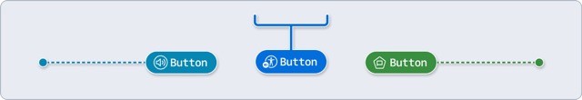 Three mobile stamps with a label of Button. Each has a unique color and icon, referring to its platform. The first is a dark cyan pin stamp and platform agnostic, the second is a blue iOS bracket stamp, and the third is a green Android pin stamp.