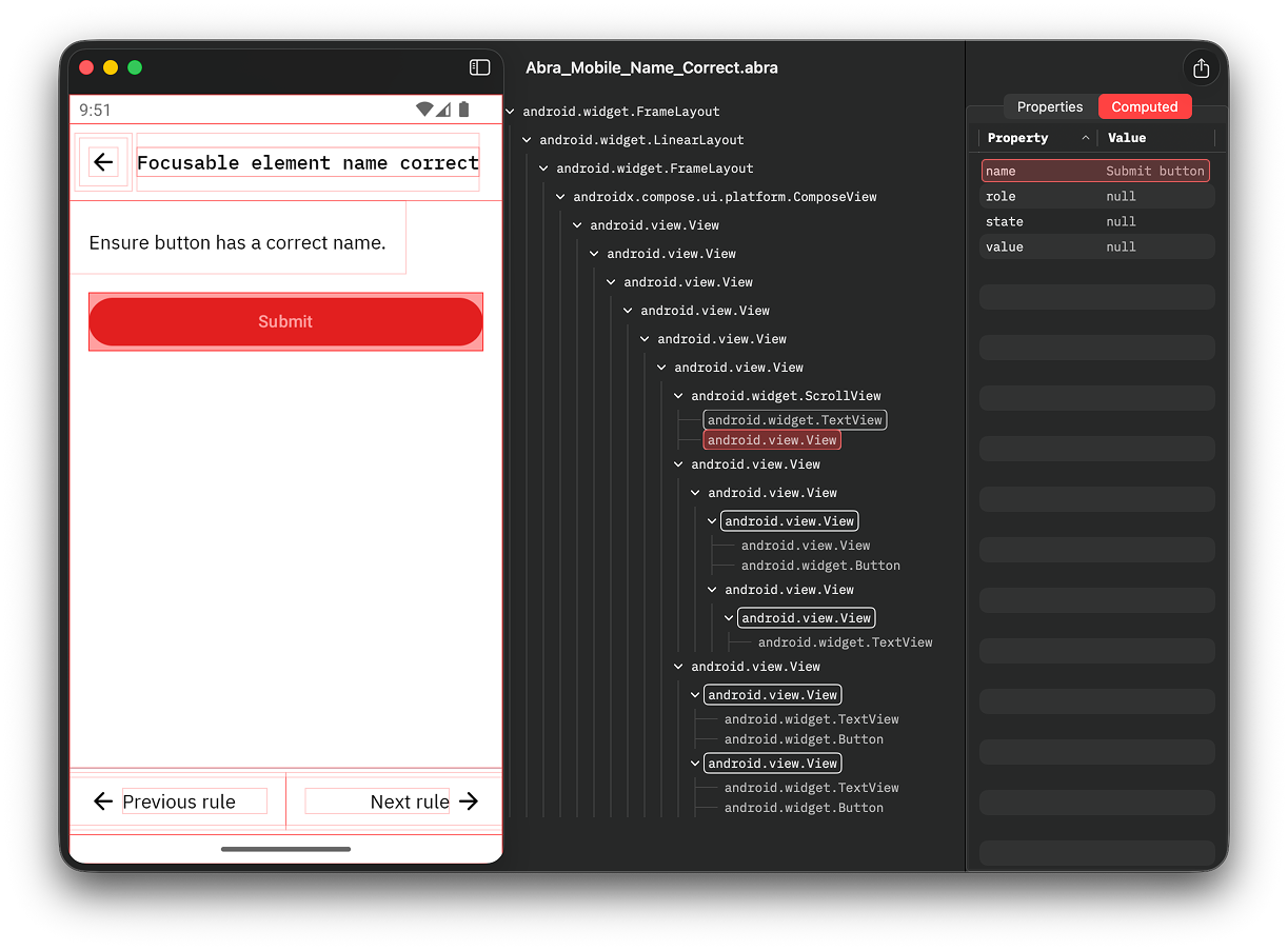 Snapshot from Abra showing a button where the name property contains "Submit Button" while the role and state properties are empty &mdash; the announcement sounds correct, but the underlying properties are wrong.