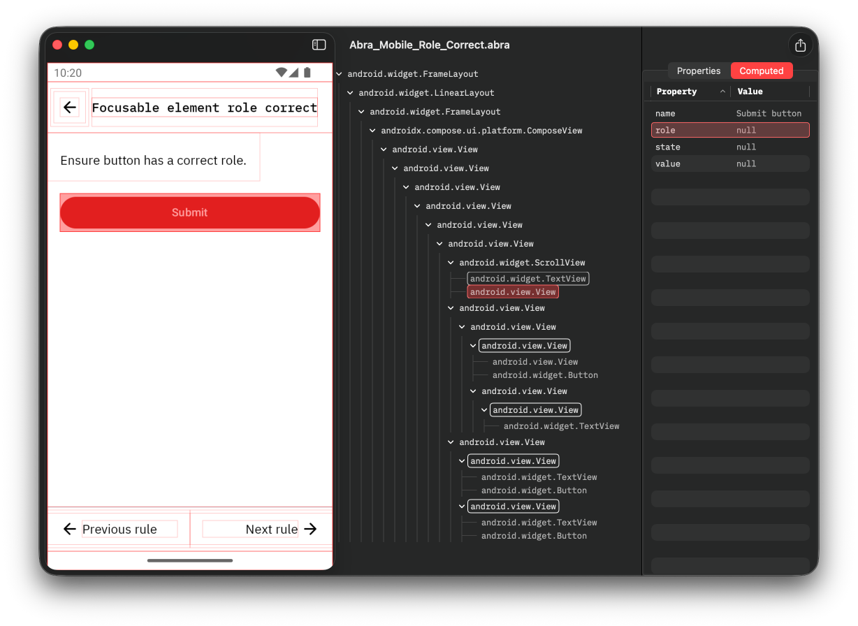 Snapshot from Abra showing an element where the accessible name is "Submit Button" while the role property is empty. The announcement sounds correct, but the role is missing.