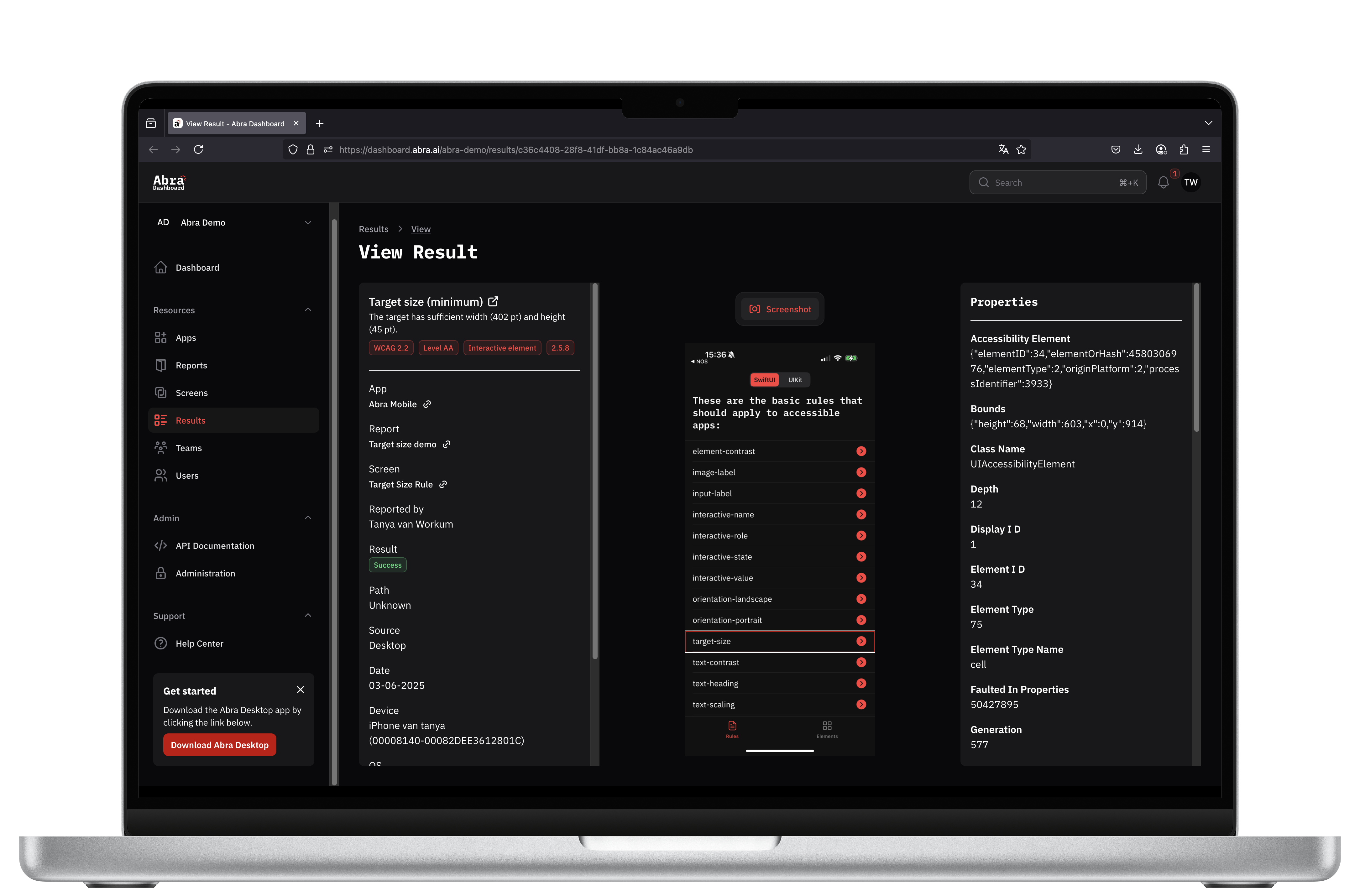 Dashboardpagina met de resultaten van de geautomatiseerde Target Size test