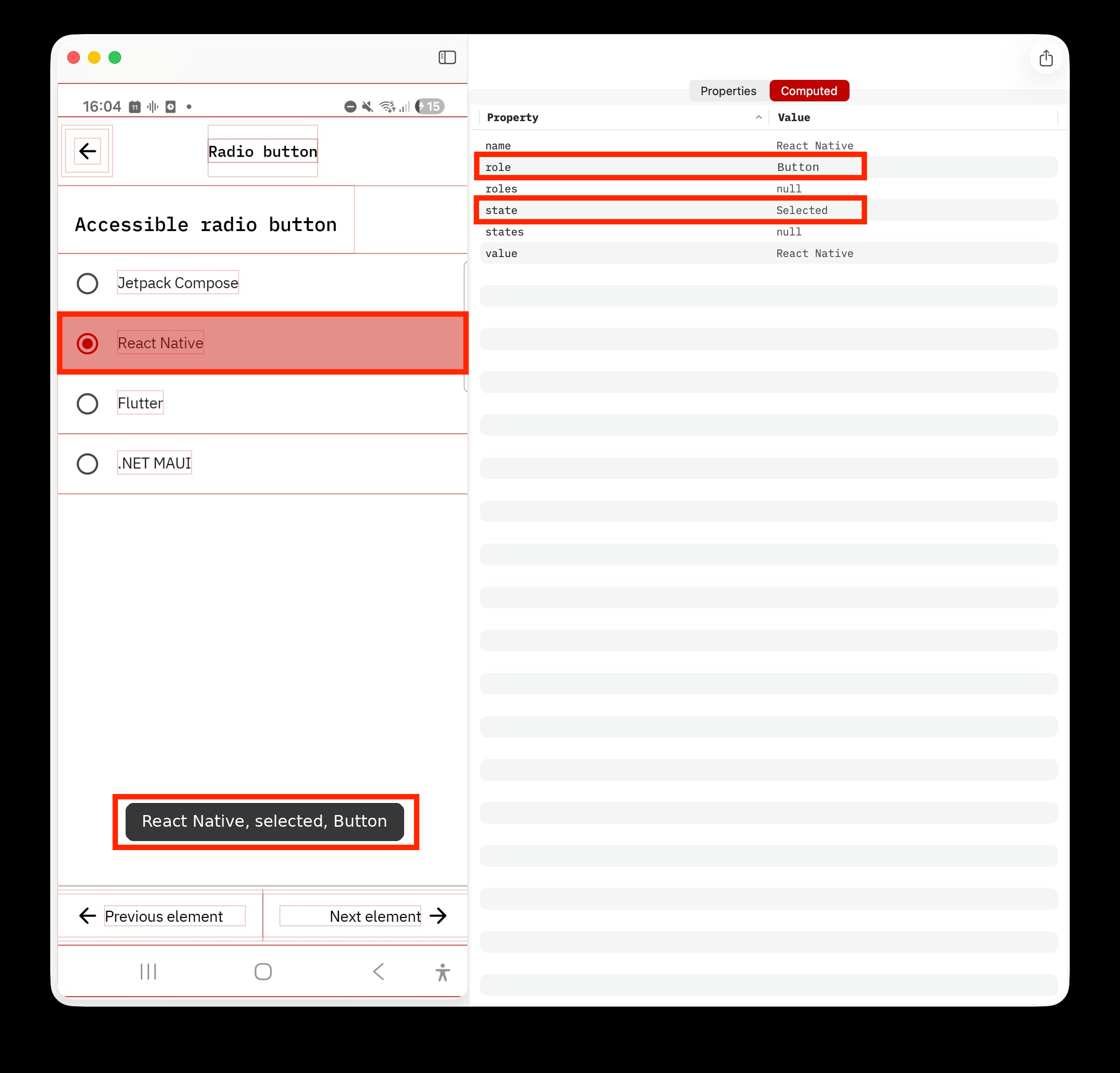 Screenshot of Abra Desktop showing a mobile app screen next to its computed accessibility properties. The app screen displays a list of radio buttons &mdash; Jetpack Compose, React Native, Flutter, and .NET MAUI &mdash; with React Native selected and highlighted. A TalkBack caption at the bottom of the screen reads "React Native, selected, Button". In the Computed panel, two rows are highlighted with red boxes: the role property shows "Button" and the state property shows "Selected". The element is a radio button, but the role is set to Button &mdash; a role that is not expected to have a selected state.
